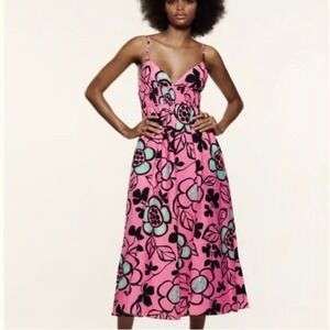 ZARA Printed Poplin‎ Fuschia Pink Floral A Line Midi 100% Cotton Dress - Medium